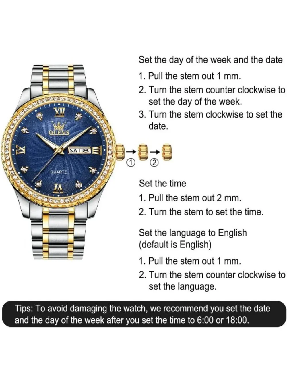 Men's Silver Blue Diamond Stainless Steel Analog Quartz Waterproof Classic Watch
